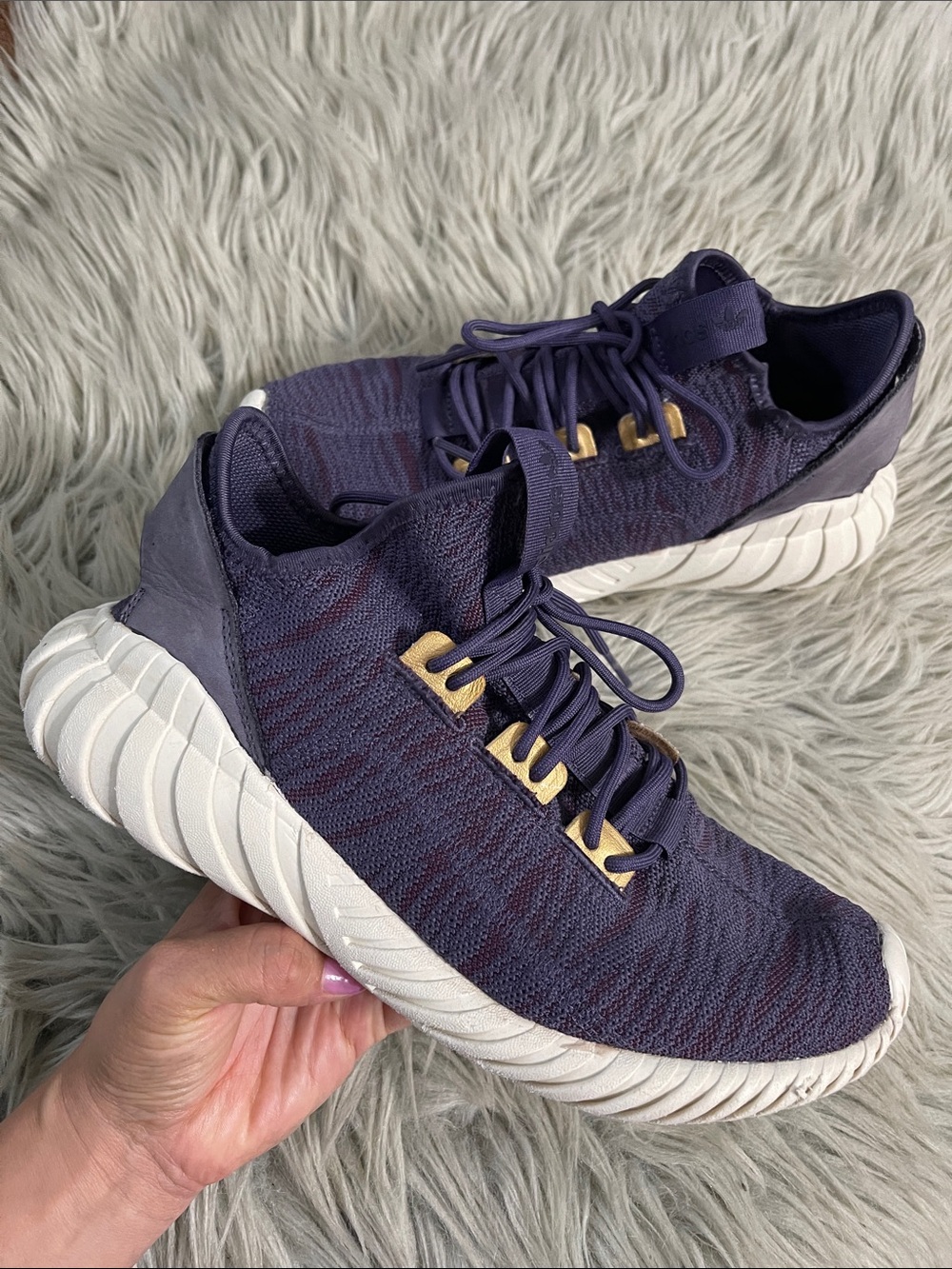 adidas Women's Purple Knit Sneakers with White Sole and Gold Accents